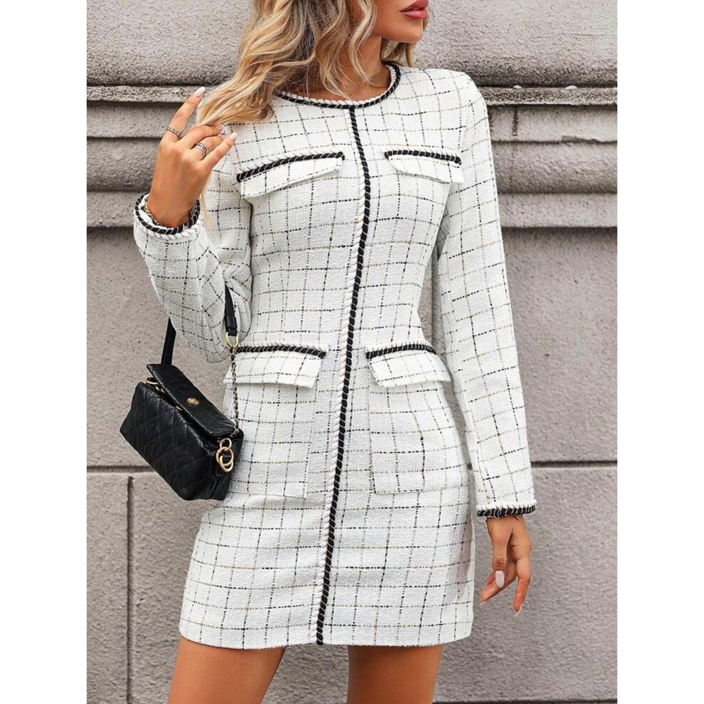Minimalist White Black‎ Plaid Tweed Mini Dress XS Metallic Gold Trim Long Sleeve